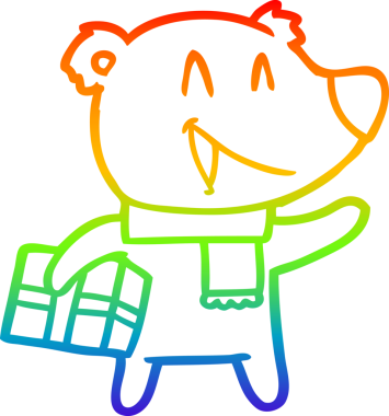 Gülen bir noel ayısının çizdiği gökkuşağı gradyanı bir insan tarafından çizilmiş.