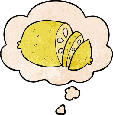 çizgi film dilimlenmiş limon ve bir insan tarafından çizilmiş grunge desenli düşünce balonu.