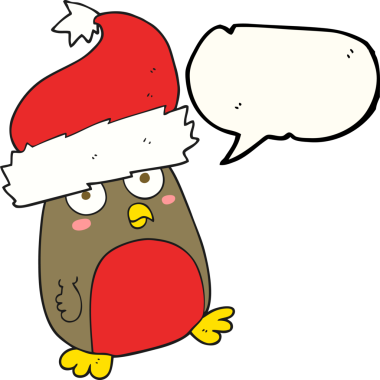 Bir insan tarafından çizilmiş Noel şapkası giyen serbest konuşma balonu karikatürü Robin.
