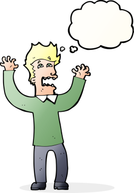 Bir insan tarafından çizilmiş düşünce baloncuğuyla dehşete düşmüş bir adam.