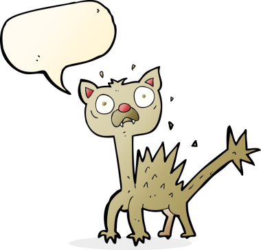 Bir insan tarafından çizilmiş konuşma balonlu korkak kedi çizgi filmi.