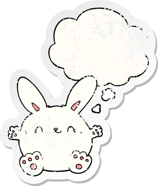 Düşünce baloncuğu olan sevimli çizgi film tavşanı bir insan tarafından çizilmiş yıpranmış bir çıkartma.