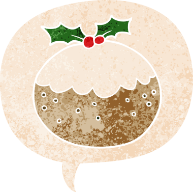 bir insan tarafından çizilmiş, grunge dertli retro stili ile konuşma baloncuklu noel pudingi.