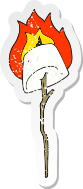 Bir insan tarafından çizilmiş kızarmış marshmallow 'un retro sıkıntılı çıkartması.