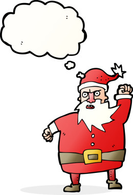 Bir insan tarafından çizilmiş düşünce baloncuklu Noel Baba çizgi filmi.