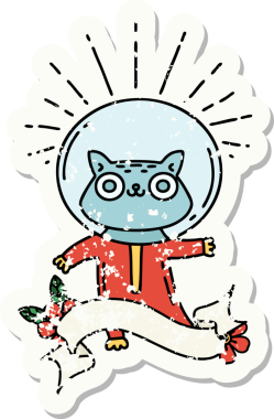 Bir insan tarafından çizilmiş astronot kostümlü dövme stili bir kedinin eski çıkartması.