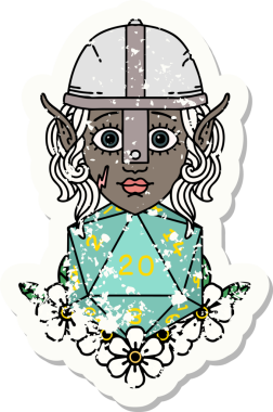 Retro Tattoo stili elf dövüşçüsü. Bir insan tarafından çizilmiş 20 zar ile.