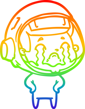 Gökkuşağı gradyan çizgi çizimi bir insan tarafından çizilmiş ağlayan astronot