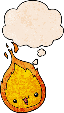 Bir insan tarafından çizilmiş grunge doku tarzında düşünce baloncuğu olan sevimli çizgi film alevi.