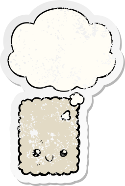 Düşünce baloncuklu çizgi film bisküvisi insan tarafından çizilmiş yıpranmış bir çıkartma.