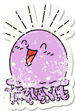 Dövme stili eski bir çıkartma. Bir insan tarafından çizilmiş mutlu denizanası.