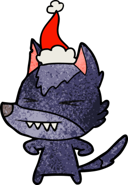 Kızgın kurt eli, bir insan tarafından çizilmiş Noel Baba şapkası giymiş bir karikatür çizmiş.