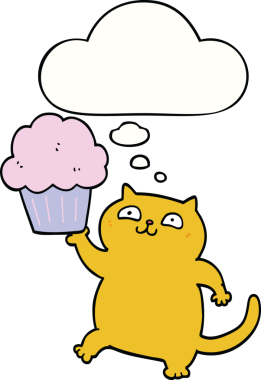 Bir insan tarafından çizilmiş düşünce baloncuklu kek ile çizgi film kedisi.