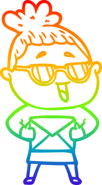 Bir insan tarafından çizilmiş gözlük takan mutlu bir kadının çizgi çizimi.