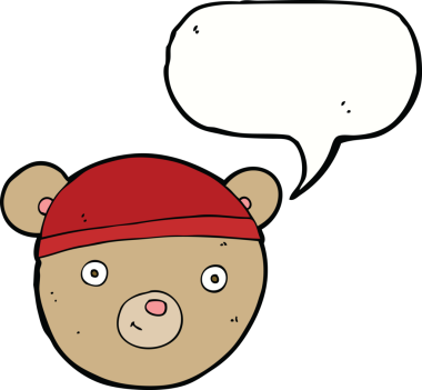 Bir insan tarafından çizilmiş konuşma balonlu oyuncak ayı kafası.