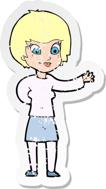 Bir insan tarafından çizilmiş bir karikatür karşılama kadınının sıkıntılı retro yapıştırması.