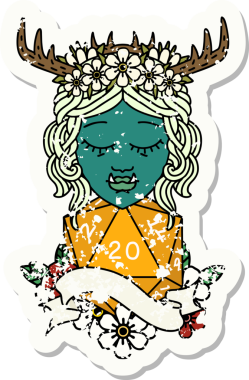 Retro Dövme Biçimi Yarı Ork Druid karakteri Bir insan tarafından çizilmiş doğal 20 zar ile