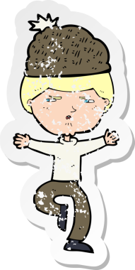 Bir insan tarafından çizilmiş kış şapkası giyen bir çizgi film karakterinin gerilimli retro çıkartması.