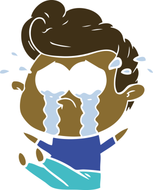 Düz renkli çizgi film karakteri ağlayan adam bir insan tarafından çizilmiş.