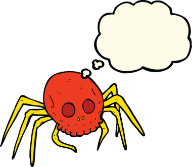 Bir insan tarafından çizilmiş düşünce baloncuğu olan ürkütücü cadılar bayramı kafatası örümceği çizgi filmi.