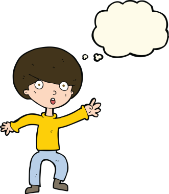 Bir insan tarafından çizilen düşünce baloncuğu ile panikleyen çocuk.