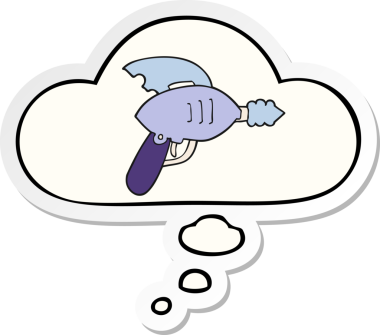 Düşünce baloncuklu çizgi film ışın tabancası insan tarafından çizilmiş bir çıkartma.