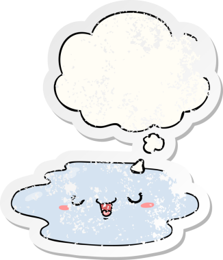 Yüzünde düşünce kabarcığı olan karikatür birikintisi insan tarafından çizilmiş yıpranmış bir çıkartma gibi.