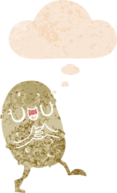 Düşünce baloncuklu çizgi film mutlu patates grunge sıkıntılı retro stil bir insan tarafından çizilmiş