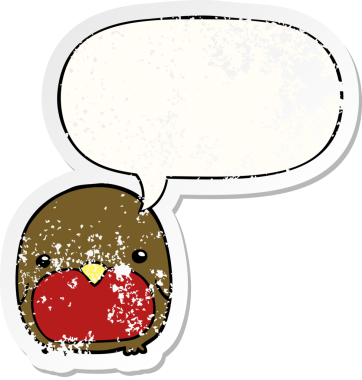 Konuşma baloncuğu olan sevimli penguen bir insan tarafından çizilmiş sıkıntılı eski bir çıkartma.