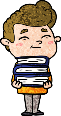 Bir insan tarafından çizilmiş bir yığın yeni kitabı olan mutlu çizgi film adamı.