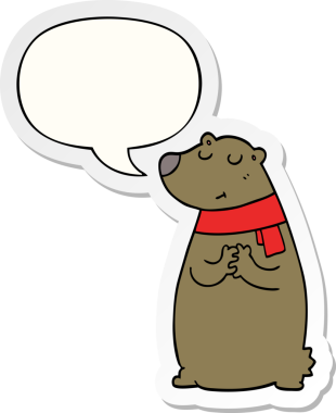 Bir insan tarafından çizilmiş balon etiketli bir eşarp takan çizgi film ayısı.