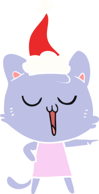 Bir insan tarafından çizilmiş Noel Baba şapkası takan bir kedinin düz renkli çizimi.