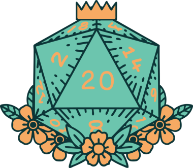 Retro Dövme Biçimi Doğal 20 D20 zar bir insan tarafından çizilmiş çiçek elementleriyle