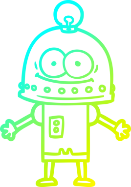 Bir insan tarafından çizilmiş ampullü mutlu bir robot çizimi.