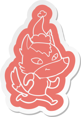 Bir insan tarafından çizilmiş Noel Baba şapkası takan bir kurdun dostça bir çizgi film çıkartması.