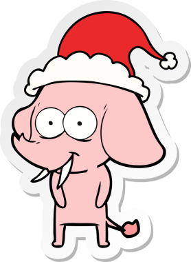 Mutlu el çizimi bir insan tarafından çizilmiş Noel Baba şapkası takan bir fil.