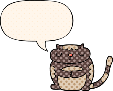 Bir insan tarafından çizilmiş çizgi roman tarzında konuşma balonu olan sevimli bir çizgi film kedisi.