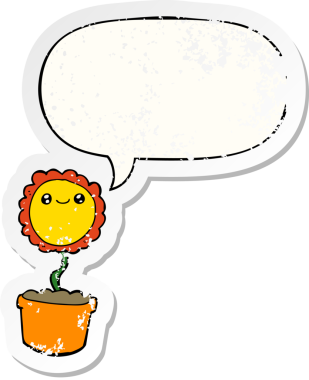 Konuşma baloncuğu olan karikatür çiçeği bir insan tarafından çizilmiş sıkıntılı eski bir çıkartma