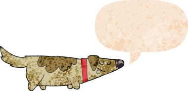 Bir insan tarafından çizilmiş grunge dertli retro tarzı konuşma baloncuğu ile çizgi film köpeği