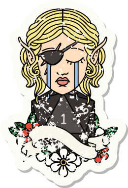 Ağlayan bir elf karakterinin grunge sticker 'ı. Doğal bir D20 ruloyla bir insan tarafından çizilmiş.