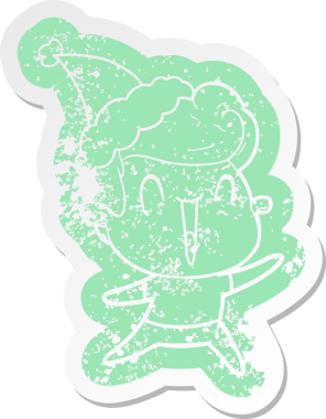 Bir insan tarafından çizilmiş Noel Baba şapkası giyen heyecanlı bir adamın garip bir karikatürü.