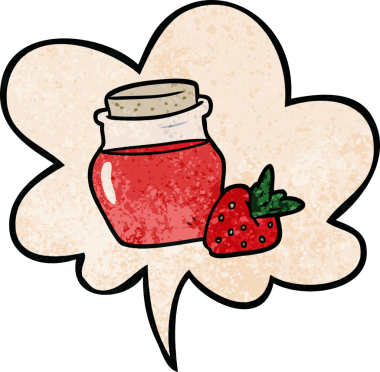 Çilek reçeli karikatür kavanozu, insan tarafından çizilmiş retro desenli konuşma balonu.