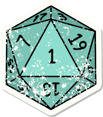 Bir insan tarafından çizilmiş 1 D20 zarının grunge sticker 'ı