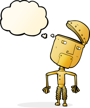 Bir insan tarafından çizilmiş düşünce baloncuklu komik robot.