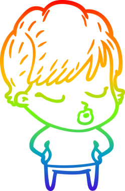 Gökkuşağı gradyan çizgi çizimi bir insan tarafından çizilmiş gözleri olan bir karikatür kadın