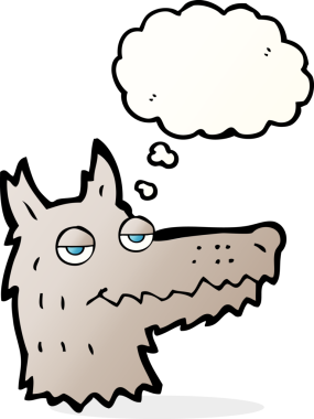 Bir insan tarafından çizilmiş düşünce balonlu bir kurt kafası.