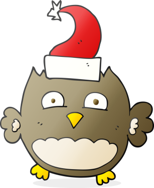 Bir insan tarafından çizilmiş Noel şapkası giyen baykuş çizimi.