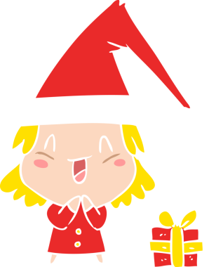 Bir insan tarafından çizilmiş Noel şapkası giyen düz renkli çizgi film kızı.