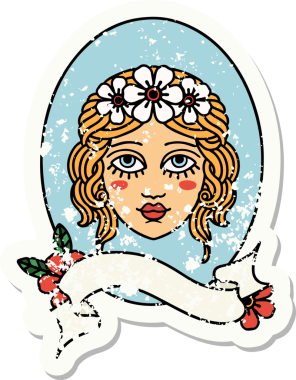 Üzerinde bir insan tarafından çizilmiş saçlarında çiçekler olan bir bakirenin sancağı olan eski bir etiket.