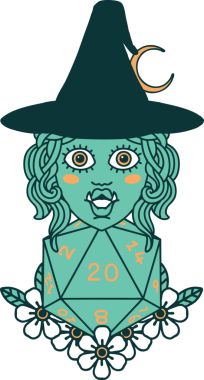 Retro Dövme Biçimi Yarı Ork Cadı Bir insan tarafından çizilmiş 20 zar ile